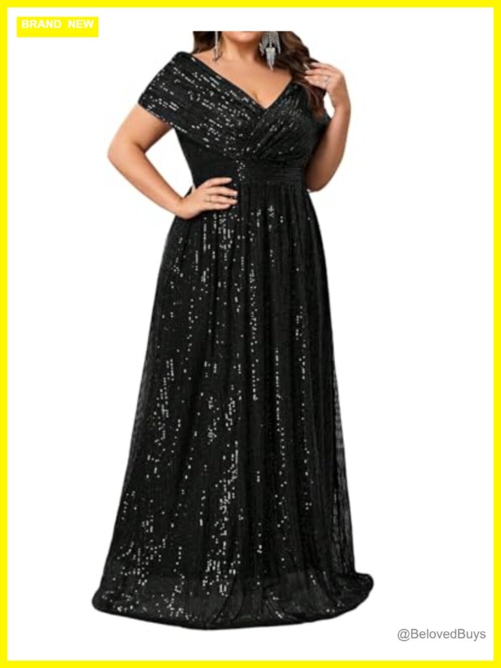 Plus Size Sequin V-Neck Short Sleeve Maxi Formal Evening Gown